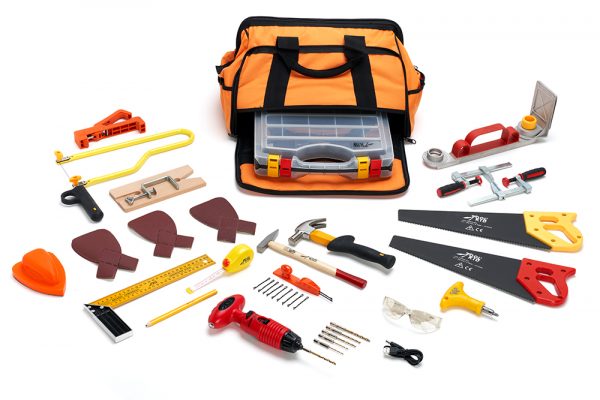 A complete toolset for woodworking with real tools for kids from 5 years old, easy to use and safe to work with! Complies with strict European safety standards, accredited by ASTM International in the USA.