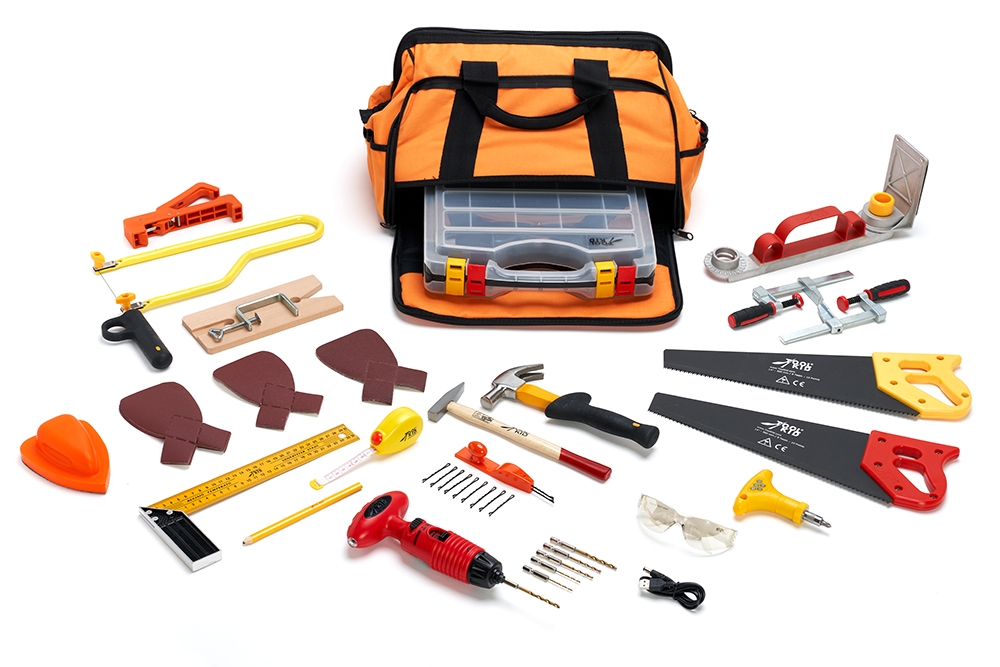 A complete toolset for woodworking with real tools for kids from 5 years old, easy to use and safe to work with! Complies with strict European safety standards, accredited by ASTM International in the USA.