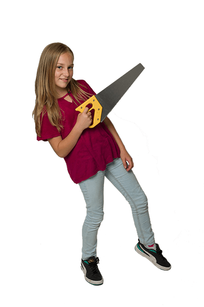 Happy girl showing ToolKid handsaw